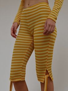 MUSERA طقم جيرسي مخطط أصفر قصير الأكمام مع بنطال كابري، يُباع كطقم، صيفي خريفي، للاستخدام اليومي والمواعيد الليلية والعطلات والإجازات، Dazed - متعدد الألوان - مشاهدة 3