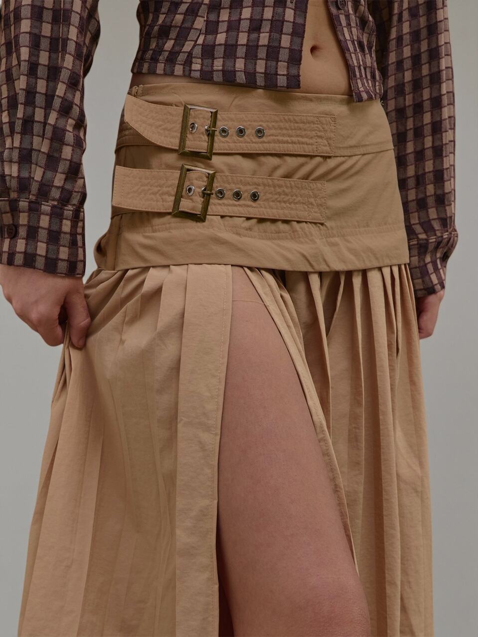 Beige gewebte Schnallendetail weite Beine plissierte Hose Sommer Herbst Alltag Date Night Urlaub Ferien Dazed