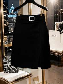 SHEIN Clasi 大尺碼女款極簡金石裝飾開衩貼身裙 - 黑色 - 查看 3