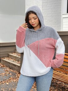 Easowa Curve 大尺碼休閒拼色拼接連帽衛衣，秋冬款 - 彩色 - 查看 4