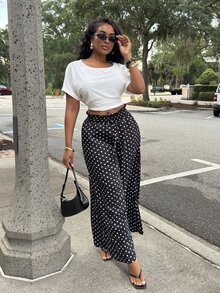 Alexandranx 祖母女款法式優雅復古波點寬腿褲，高腰抽繩雪紡垂墜質感辦公休閒舒適夏季長褲，黑色 - 黑色 - 查看 1
