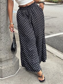 Alexandranx 祖母女款法式優雅復古波點寬腿褲，高腰抽繩雪紡垂墜質感辦公休閒舒適夏季長褲，黑色 - 黑色 - 查看 3