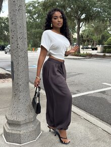 Alexandranx 2026春夏新款音樂節、復活節、聖派翠克節、情人節、約會、西部風、遊牧風、生日派對、畢業、大學、學生、日常穿搭、百搭百搭、休閒、度假、郵輪、海灘、曬日光浴、熱門、街頭風、婚禮賓客、通勤、早午餐、機場、派對、假日出遊、辦公室穿搭 側邊交叉寬腿喇叭褲，寬鬆棕色亞麻長褲 - 棕色 - 查看 6