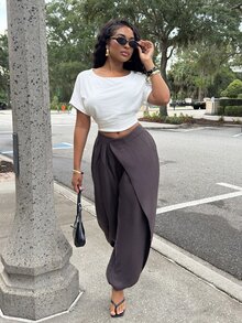 Alexandranx 2026春夏新款音樂節、復活節、聖派翠克節、情人節、約會、西部風、遊牧風、生日派對、畢業、大學、學生、日常穿搭、百搭百搭、休閒、度假、郵輪、海灘、曬日光浴、熱門、街頭風、婚禮賓客、通勤、早午餐、機場、派對、假日出遊、辦公室穿搭 側邊交叉寬腿喇叭褲，寬鬆棕色亞麻長褲 - 棕色 - 查看 2