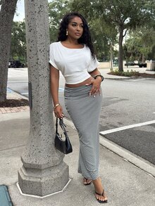 Alexandranx 女款時尚條紋貼身裙 度假風 - 灰色 - 查看 5