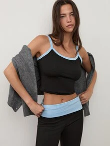 dear melrose Sky Blue & Black Camisole And Pants Set, Contrast Waistband, Suitable For Autumn/Winter, Casual Outfits Women - Blue - View 3
