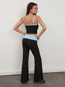 dear melrose Sky Blue & Black Camisole And Pants Set, Contrast Waistband, Suitable For Autumn/Winter, Casual Outfits Women - Blue - View 5