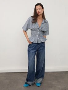 dear melrose 藍白條紋開學季辦公通勤鈕扣襯衫，女款休閒修身收腰打褶上衣 - 藏蓝色 - 查看 2