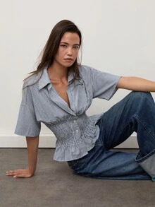 dear melrose 藍白條紋開學季辦公通勤鈕扣襯衫，女款休閒修身收腰打褶上衣 - 藏蓝色 - 查看 5
