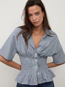 dear melrose 藍白條紋開學季辦公通勤鈕扣襯衫，女款休閒修身收腰打褶上衣 - 藏蓝色 - 查看 3