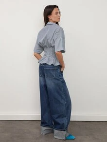 dear melrose 藍白條紋開學季辦公通勤鈕扣襯衫，女款休閒修身收腰打褶上衣 - 藏蓝色 - 查看 6