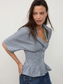 dear melrose 藍白條紋開學季辦公通勤鈕扣襯衫，女款休閒修身收腰打褶上衣 - 藏蓝色 - 查看 4