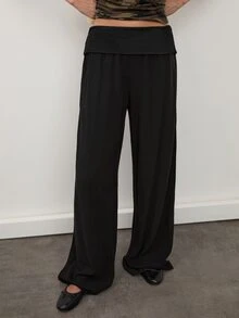 dear melrose Women's Casual Black Fold Over High-Waisted Wide Leg Pants - Black - View 2