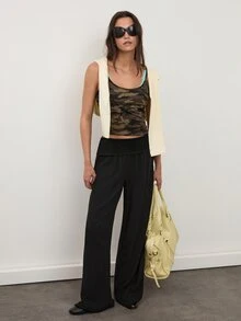 dear melrose Women's Casual Black Fold Over High-Waisted Wide Leg Pants - Black - View 1