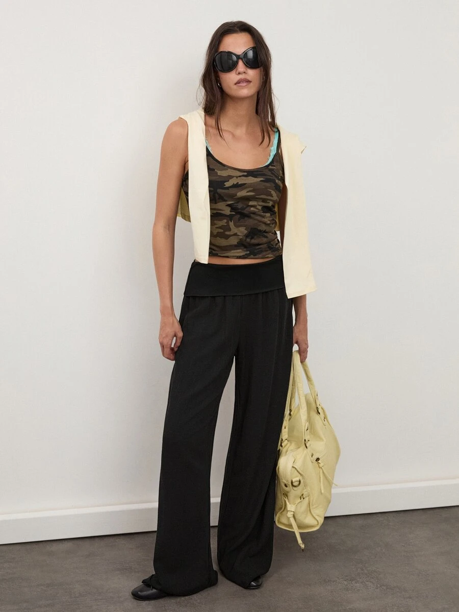 dear melrose Women's Casual Black Fold Over High-Waisted Wide Leg Pants - Black - View 1