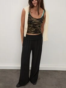 dear melrose Women's Casual Black Fold Over High-Waisted Wide Leg Pants - Black - View 3