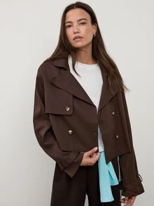 dear melrose 女款雙排扣短版風衣外套 棕色，休閒長袖梭織，秋季，學院風 - 棕色 - 查看 2