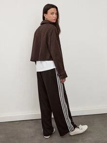 dear melrose 女款雙排扣短版風衣外套 棕色，休閒長袖梭織，秋季，學院風 - 棕色 - 查看 6