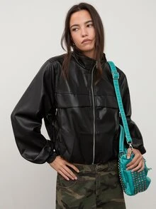 dear melrose Women's Faux Leather PU Utility Jacket Funnel Neck Black, Autumn, Fall Clothes For Women - Black - View 2