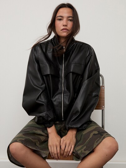 dear melrose 女款人造皮革 PU 工裝外套 漏斗領 黑色，秋季女裝