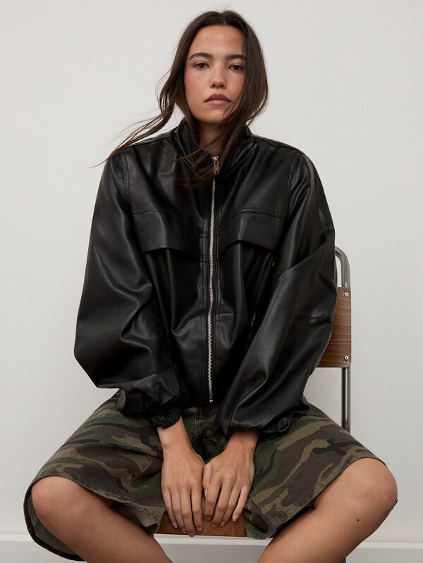 dear melrose 女款人造皮革 PU 工裝外套 漏斗領 黑色，秋季女裝