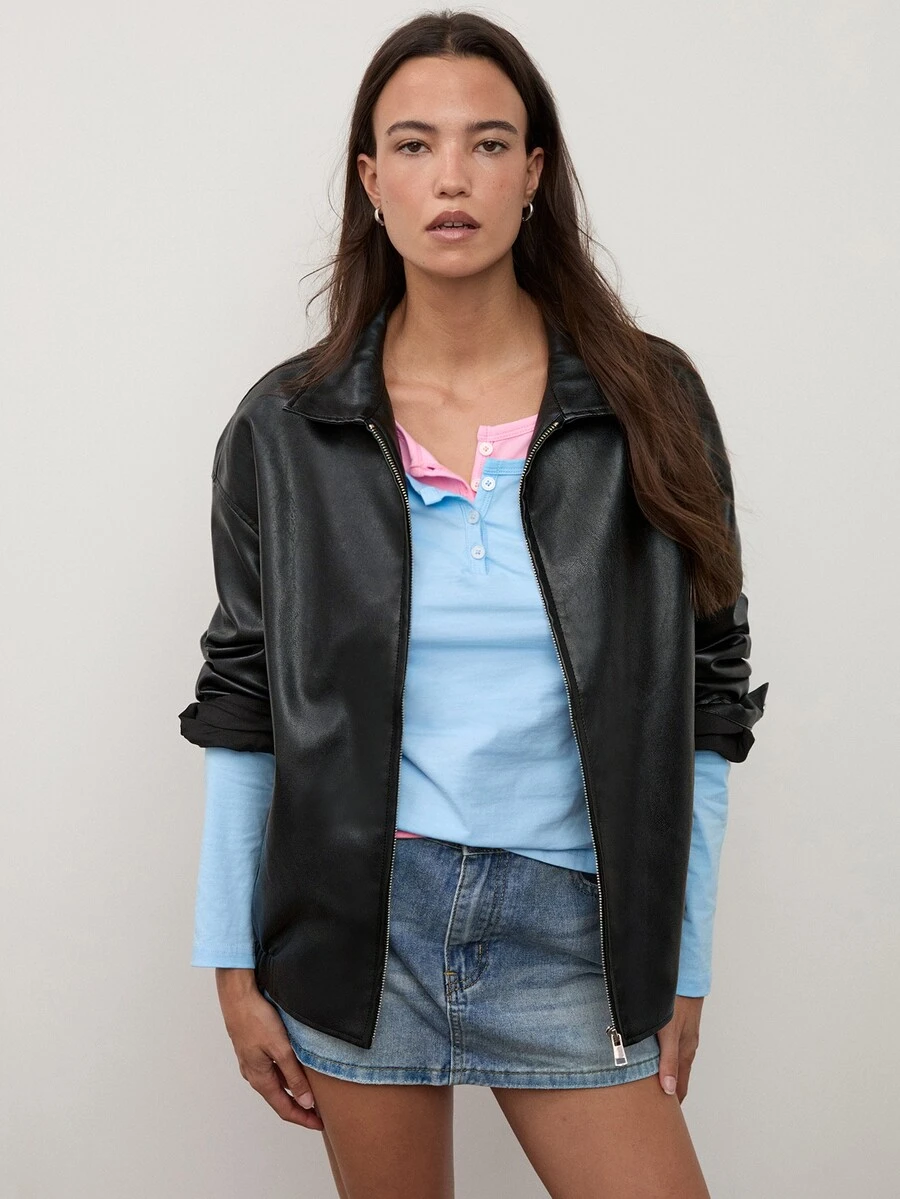 dear melrose Faux Leather PU Black Drop Shoulder Zip Up Bomber Jacket, Women's Autumn/Winter, Fall - Black - View 1
