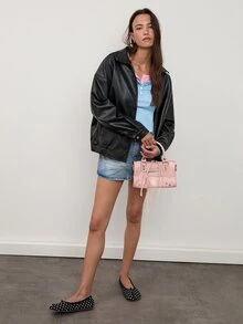 dear melrose Faux Leather PU Black Drop Shoulder Zip Up Bomber Jacket, Women's Autumn/Winter, Fall - Black - View 3