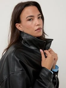 dear melrose Faux Leather PU Black Drop Shoulder Zip Up Bomber Jacket, Women's Autumn/Winter, Fall - Black - View 5
