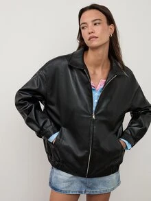 dear melrose Faux Leather PU Black Drop Shoulder Zip Up Bomber Jacket, Women's Autumn/Winter, Fall - Black - View 4