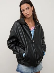 dear melrose Faux Leather PU Black Drop Shoulder Zip Up Bomber Jacket, Women's Autumn/Winter, Fall - Black - View 2