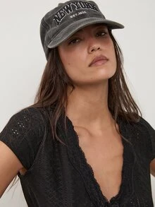 dear melrose Black Knit Pointelle Style T-Shirt, Fitted Bodycon Top With Tie, For Women, Summer And Fall, Boho - Black - View 4