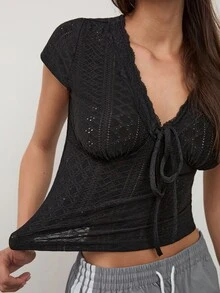 dear melrose Black Knit Pointelle Style T-Shirt, Fitted Bodycon Top With Tie, For Women, Summer And Fall, Boho - Black - View 5
