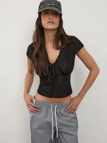 dear melrose Black Knit Pointelle Style T-Shirt, Fitted Bodycon Top With Tie, For Women, Summer And Fall, Boho - Black - View 2