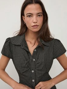 dear melrose Women's Black And White Plaid Checkered Short Sleeve Shirt, Casual Button-Up Tie Back Top, Back To School Preppy - Black - View 4
