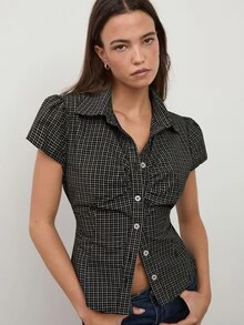 dear melrose Women's Black And White Plaid Checkered Short Sleeve Shirt, Casual Button-Up Tie Back Top, Back To School Preppy - Black - View 1