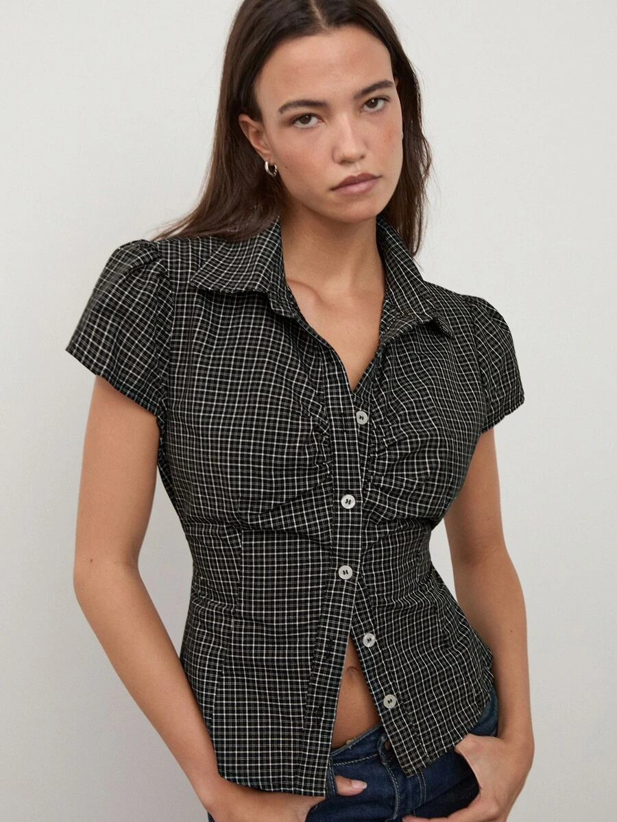 dear melrose Women's Black And White Plaid Checkered Short Sleeve Shirt, Casual Button-Up Tie Back Top, Back To School Preppy - Black - View 1