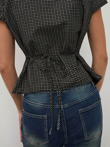 dear melrose Women's Black And White Plaid Checkered Short Sleeve Shirt, Casual Button-Up Tie Back Top, Back To School Preppy - Black - View 5