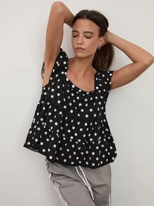 dear melrose Women's Polka Dot Black And White Tiered Ruffle Blouse, Square Collar Cap Sleeve Loose Top, Fall Boho - Black - View 3