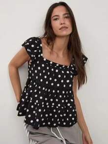 dear melrose Women's Polka Dot Black And White Tiered Ruffle Blouse, Square Collar Cap Sleeve Loose Top, Fall Boho - Black - View 1