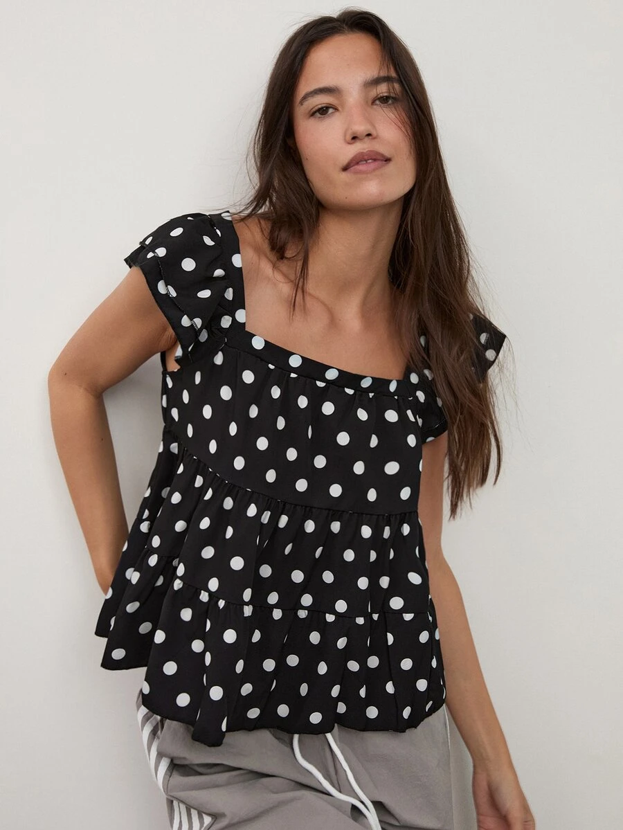 dear melrose Women's Polka Dot Black And White Tiered Ruffle Blouse, Square Collar Cap Sleeve Loose Top, Fall Boho - Black - View 1