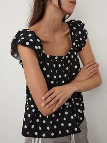 dear melrose Women's Polka Dot Black And White Tiered Ruffle Blouse, Square Collar Cap Sleeve Loose Top, Fall Boho - Black - View 4