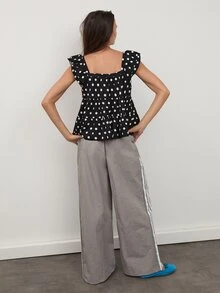 dear melrose Women's Polka Dot Black And White Tiered Ruffle Blouse, Square Collar Cap Sleeve Loose Top, Fall Boho - Black - View 5