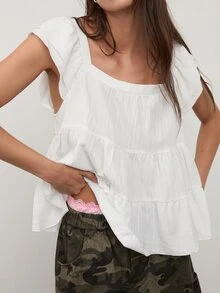 dear melrose Women's White Tiered Ruffle Multi-Layered Blouse, Cap Sleeve Casual Top, Fall Boho - White - View 2