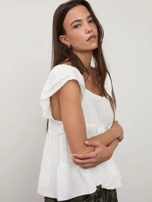 dear melrose Women's White Tiered Ruffle Multi-Layered Blouse, Cap Sleeve Casual Top, Fall Boho - White - View 4