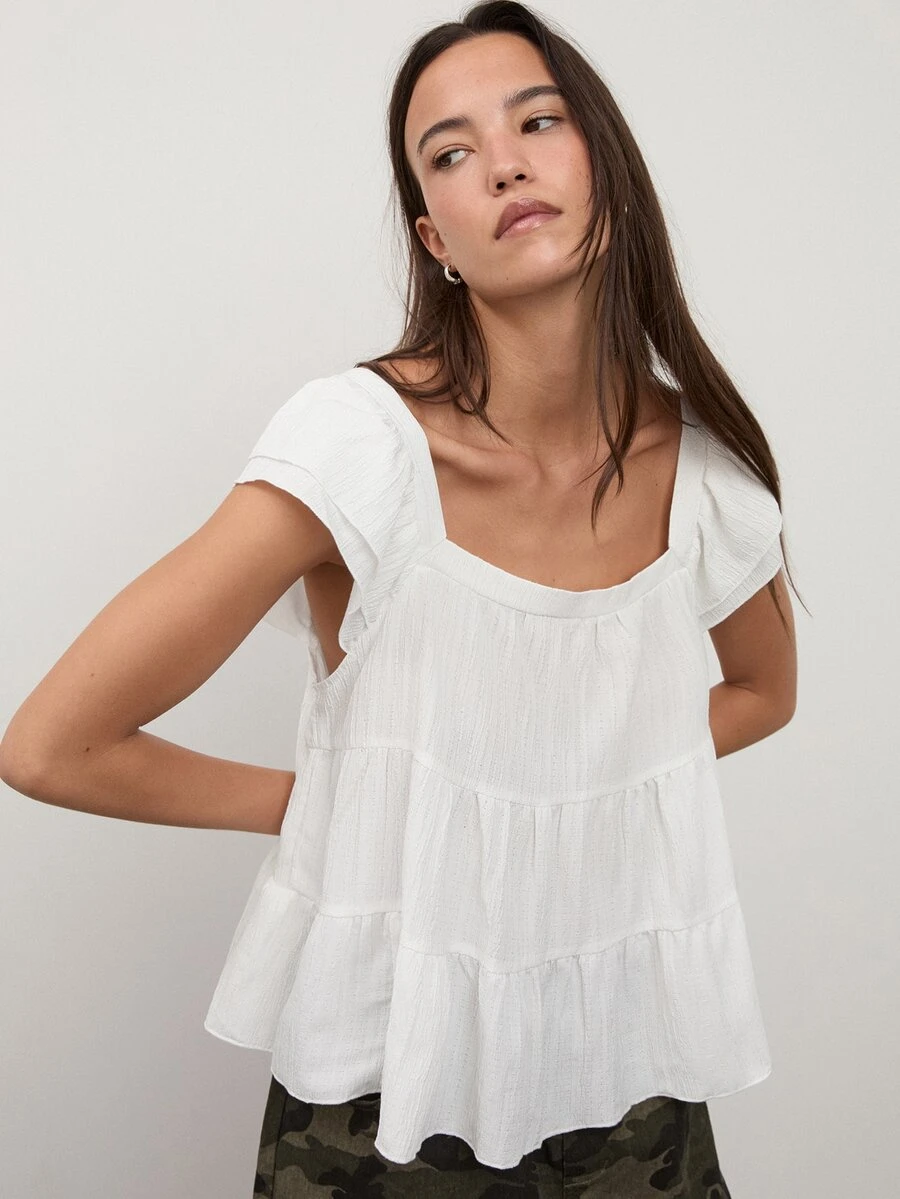 dear melrose Women's White Tiered Ruffle Multi-Layered Blouse, Cap Sleeve Casual Top, Fall Boho - White - View 1