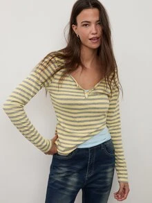dear melrose Women's Yellow And Grey Striped Henley Long Sleeve Top, V‑Neck Half‑Placket Button Tee - Slim Fit, Daily Wear, Autumn Winter - Multicolor - View 2