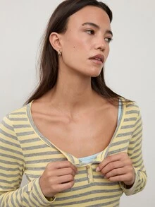 dear melrose Women's Yellow And Grey Striped Henley Long Sleeve Top, V‑Neck Half‑Placket Button Tee - Slim Fit, Daily Wear, Autumn Winter - Multicolor - View 5