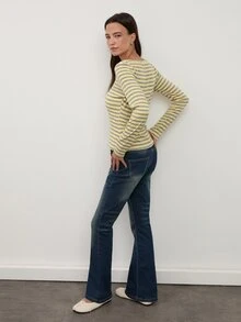dear melrose Women's Yellow And Grey Striped Henley Long Sleeve Top, V‑Neck Half‑Placket Button Tee - Slim Fit, Daily Wear, Autumn Winter - Multicolor - View 6