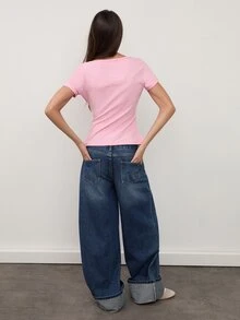 dear melrose Women's Pink Henley Short Sleeve T-Shirt, 95% Cotton Button Top, Cute Preppy Y2K - Pink - View 6