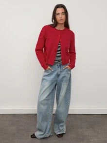 dear melrose 女款紅色圓領基本款開襟衫，休閒長袖寬鬆版型，秋冬適用，辦公室返校穿搭 - 紅色 - 查看 5